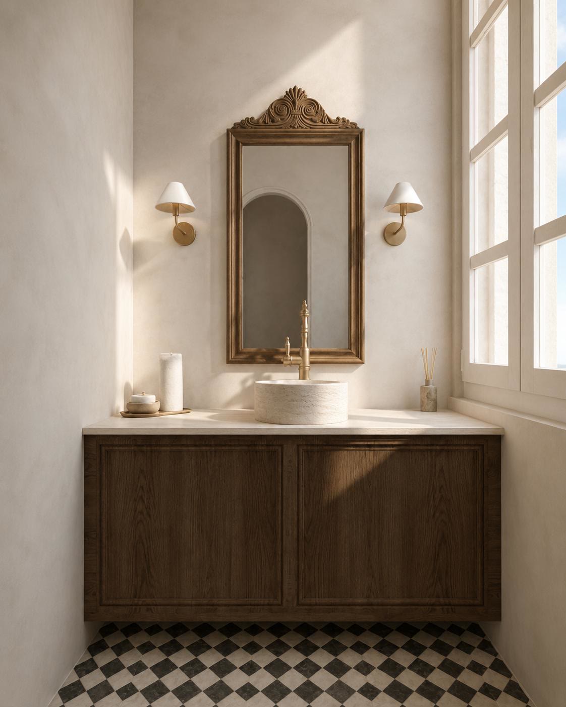 A bathroom vanity in dark oak with a stone basin, a carved gilt mirror and brass sconces beside a sunlit window.