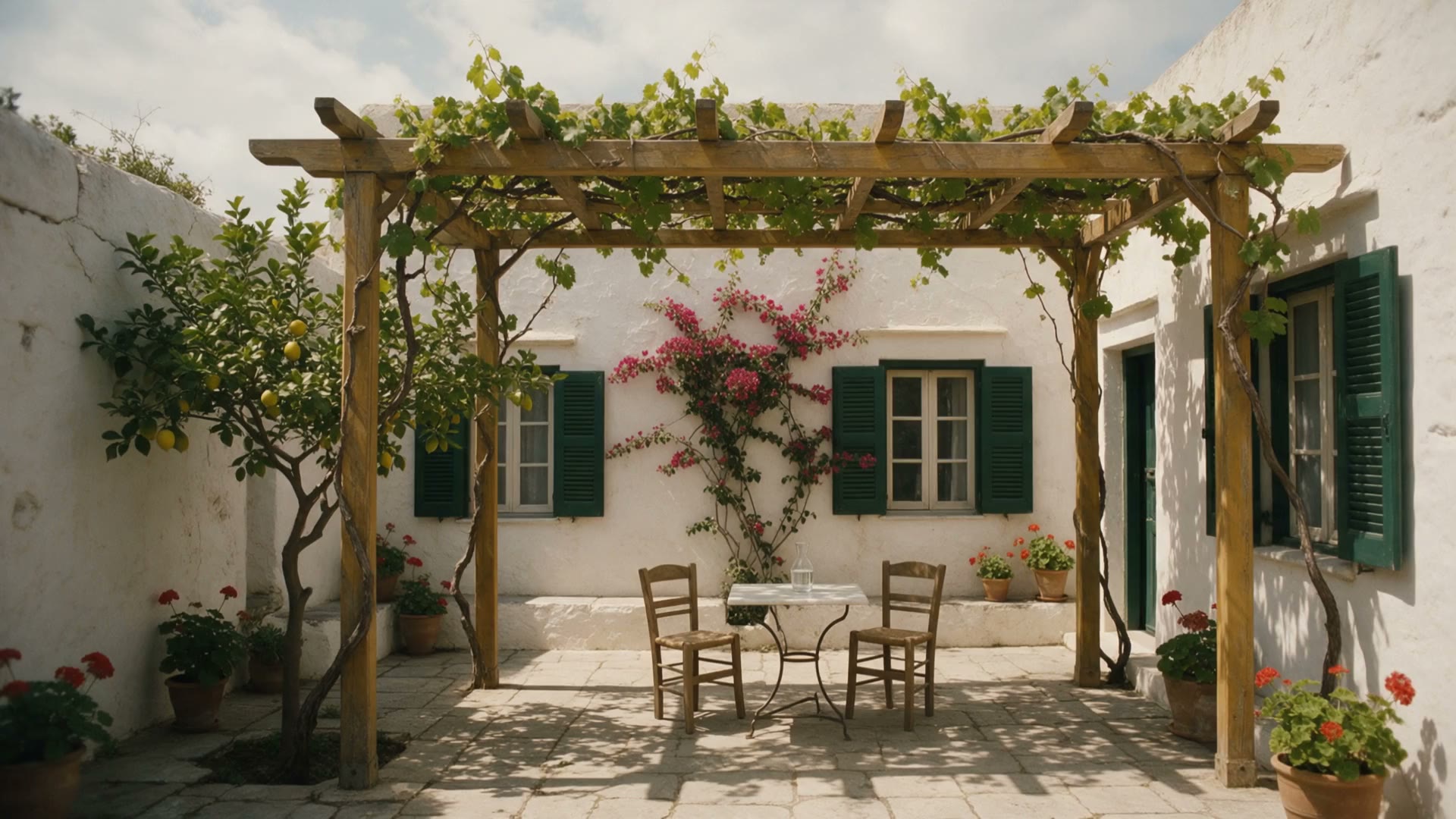 A courtyard garden with a vine-covered pergola, a lemon tree, magenta bougainvillea, green shutters and a small marble table with two chairs.