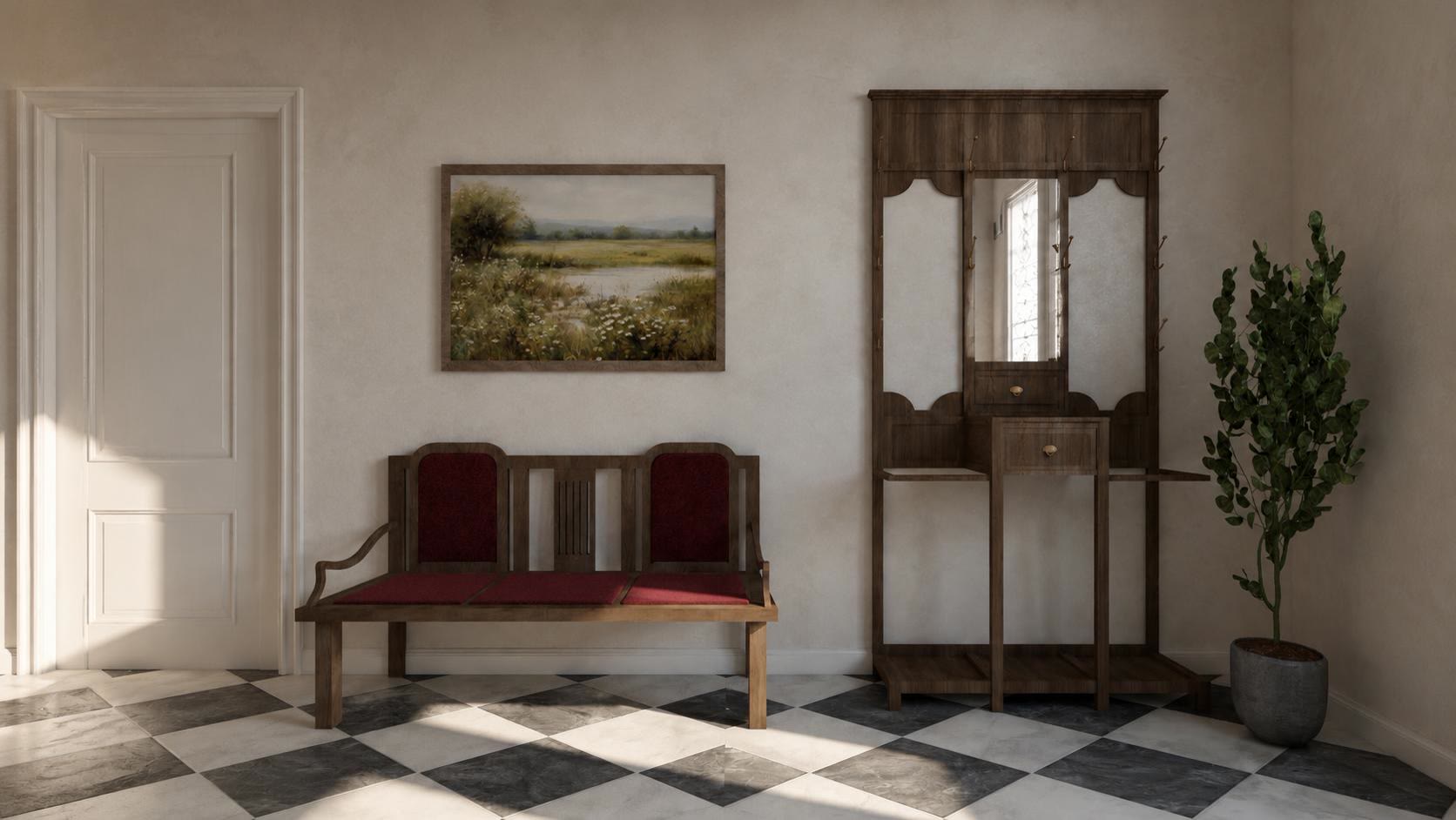 A carved bench with red velvet seats and an old wooden coat stand beside a panelled door.