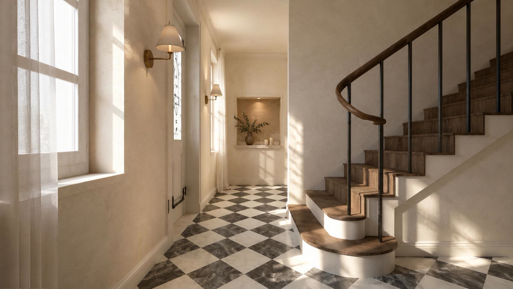 Entrance hall with a black and white marble floor, a curved oak staircase with an iron rail, brass wall lights and sheer curtains in morning sun.