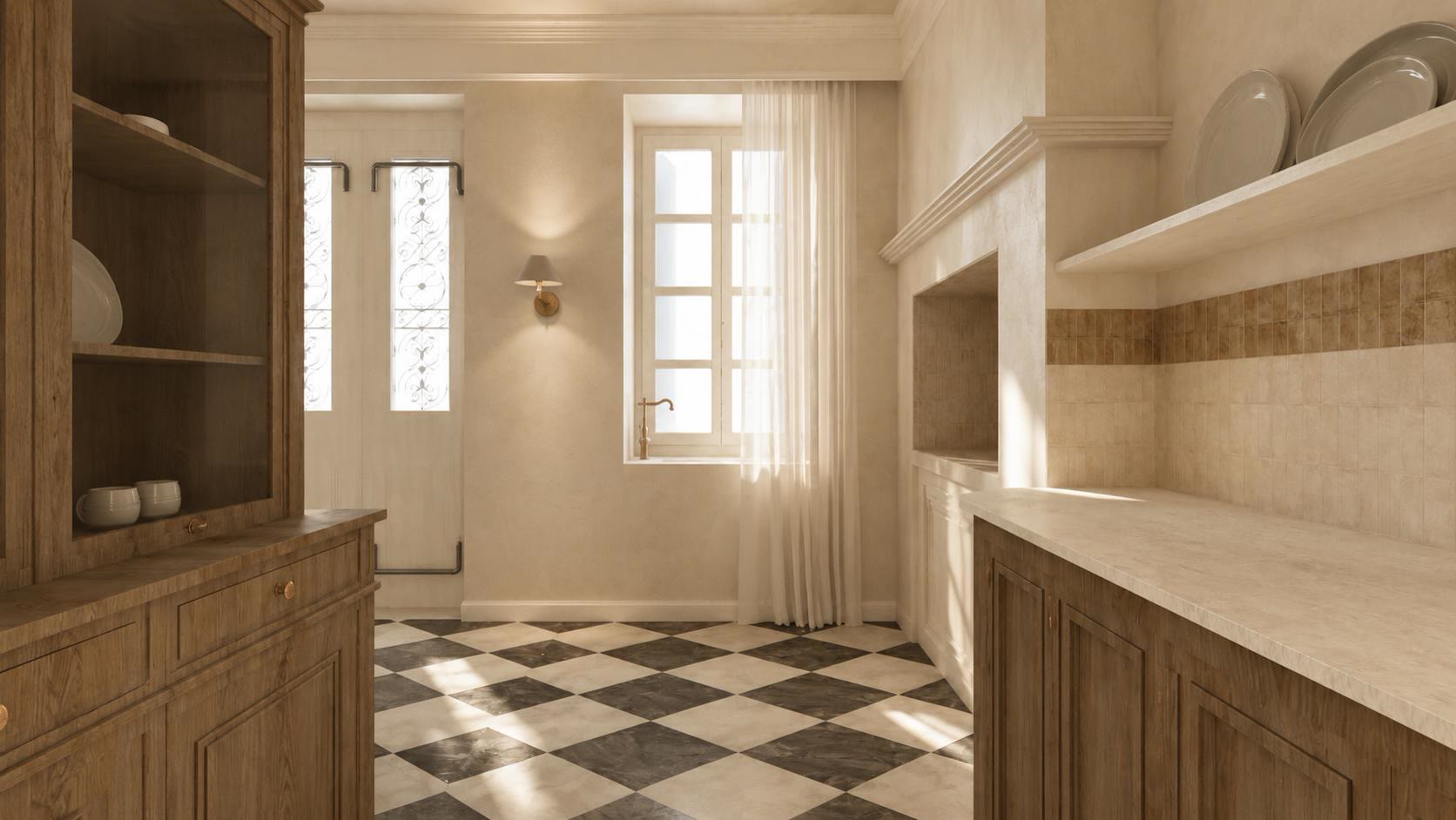 The shared kitchen with oak cabinets, a glass-fronted dresser, a marble counter and sun through a sheer curtain.