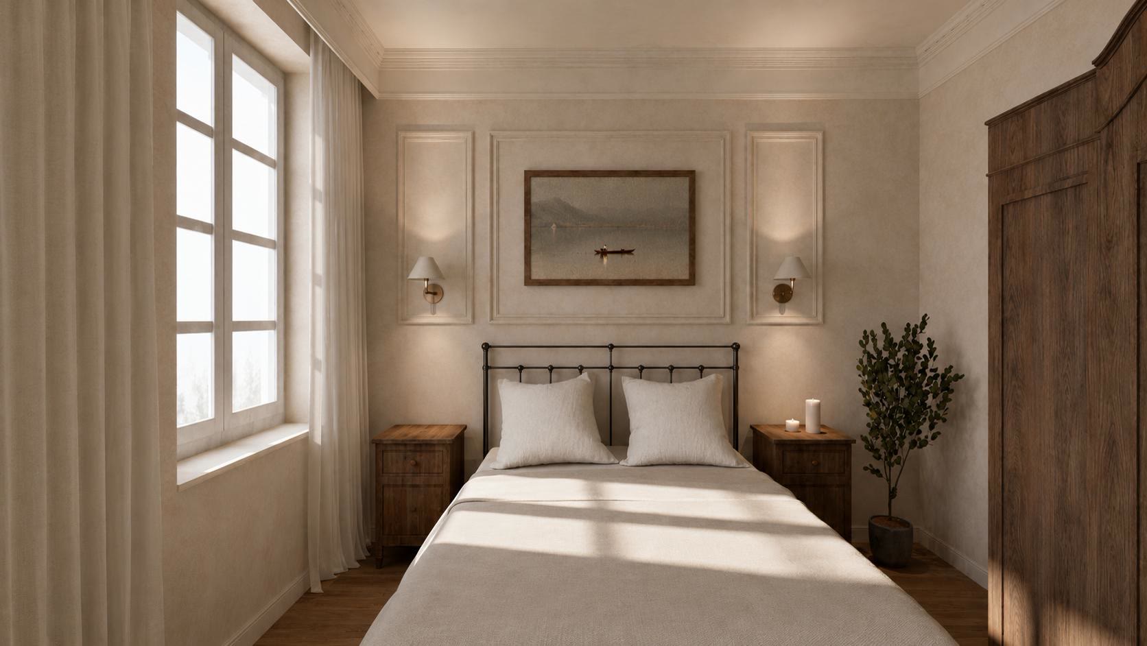 A bedroom with an iron bed, linen bedding, panelled walls, brass sconces and a tall window with sheer curtains.