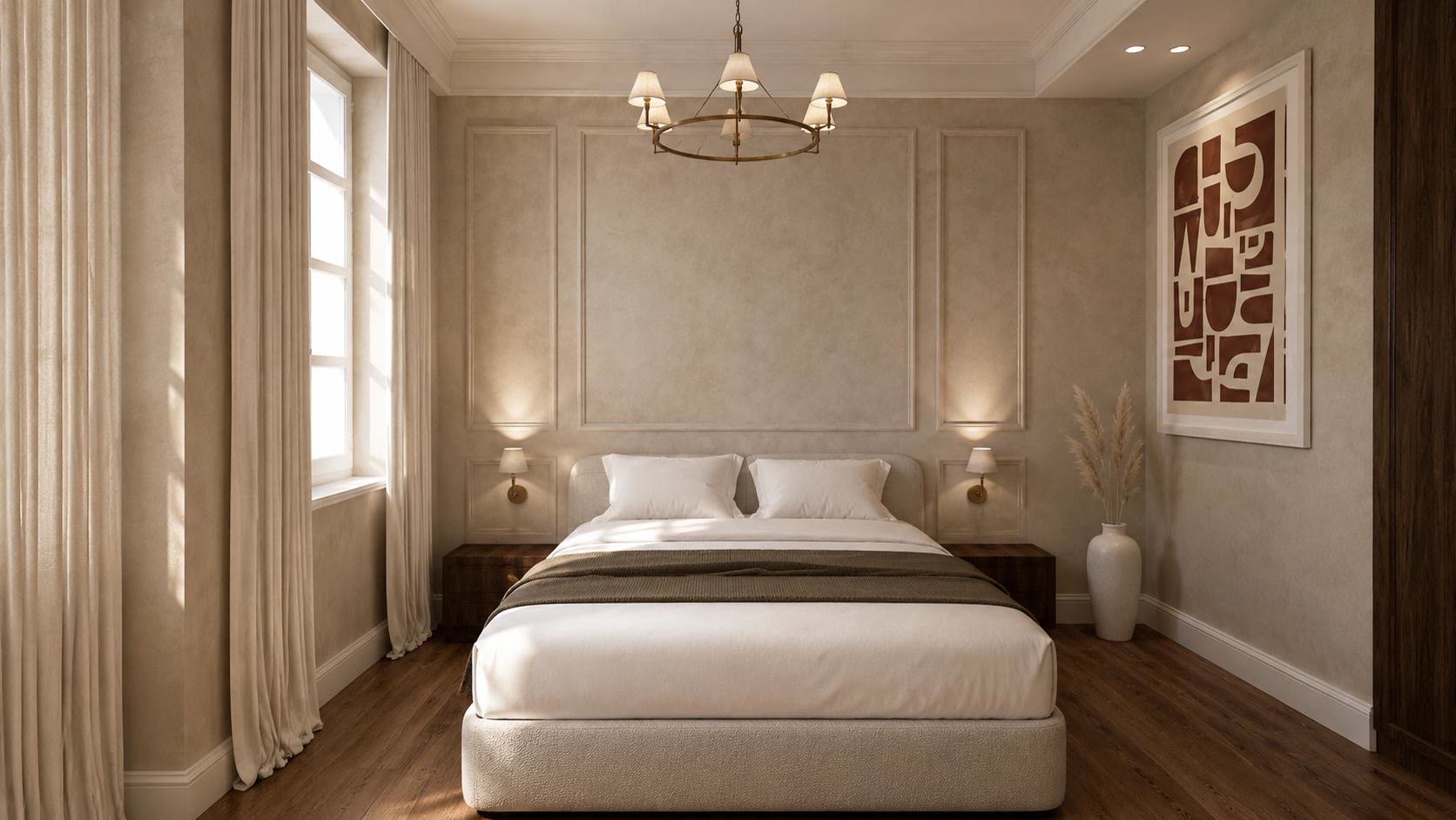 A bedroom with a brass chandelier, panelled walls, an upholstered bed and a terracotta print beside dried pampas grass.