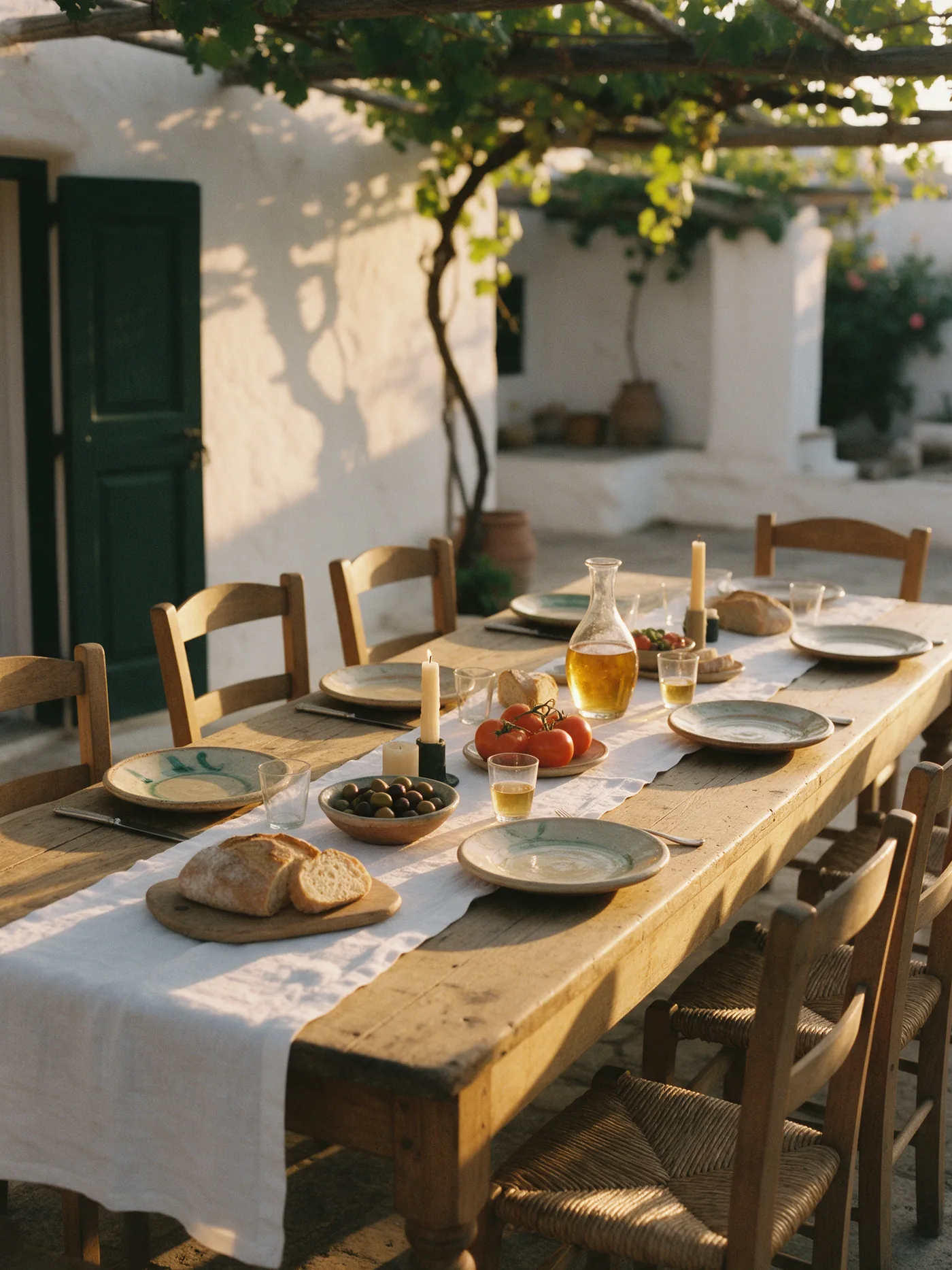 A long wooden table set under a vine in low evening sun, with linen, ceramic plates, bread, tomatoes, olives and a carafe of golden wine.